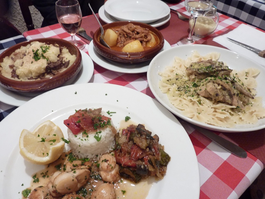 Tripe a la Nicoise; Duck in Potato Mash, Fricassee in Basil Sauce and Bow Tie Pasta; Scallops w. Warm Ratatouille
