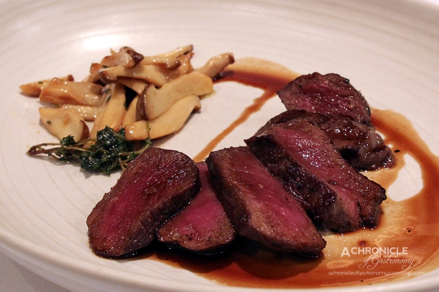 Pan-seared Loin of Venison w. Truffled Honey & Vincotto Served With Miniature King Oyster Mushroom ($42)