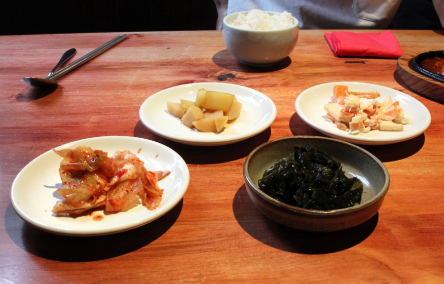 Banchan - Pickled Seaweed, Kimchi, Apple and Carrot Salad, Potato