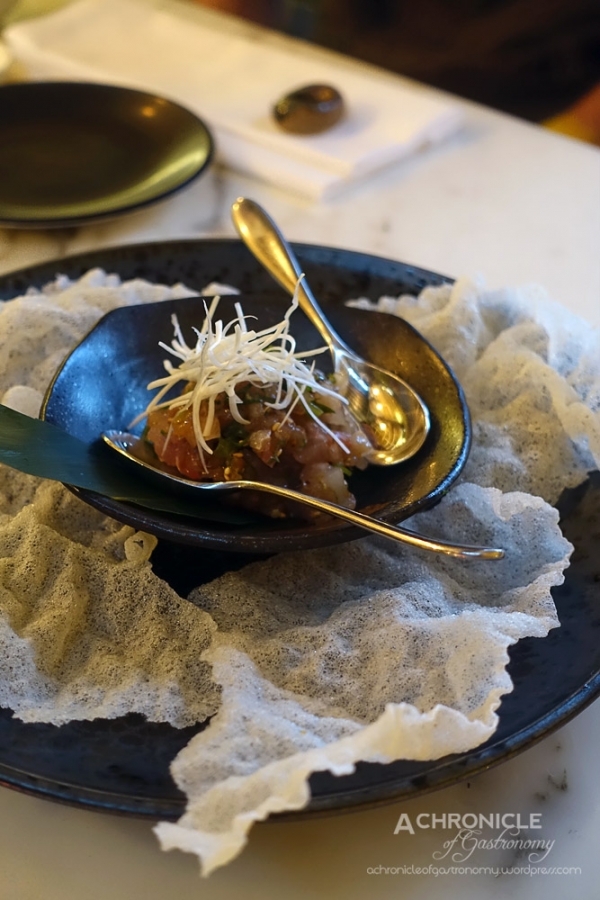 Hiramasa Namerou - Signature Japanese-Style Kingfish Tartare w. Wasabi Stem And Moromi Miso, Served w. Delicate Rice Crackers $16