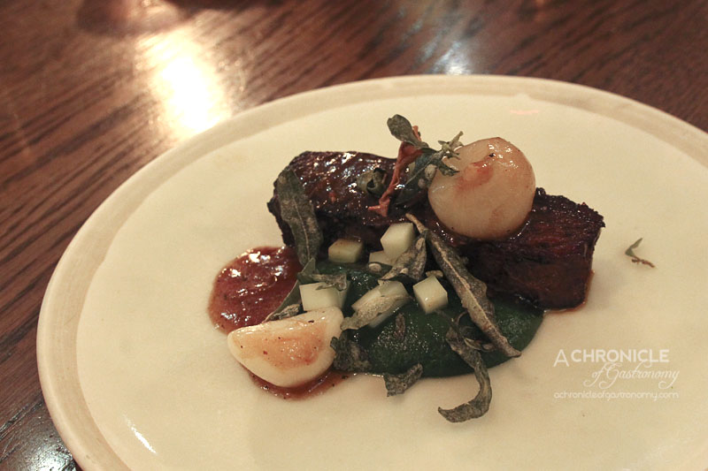 Cutler & Co - Braised Short Rib, Smoked Oyster and Pepper Sauce, Nettle Puree, Braised Shallots
