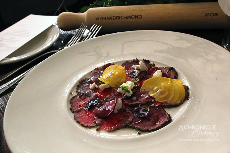 Grand Hotel - Pepper Crusted Venison Carpaccio, Goat Cheese Mousse and Beetroot
