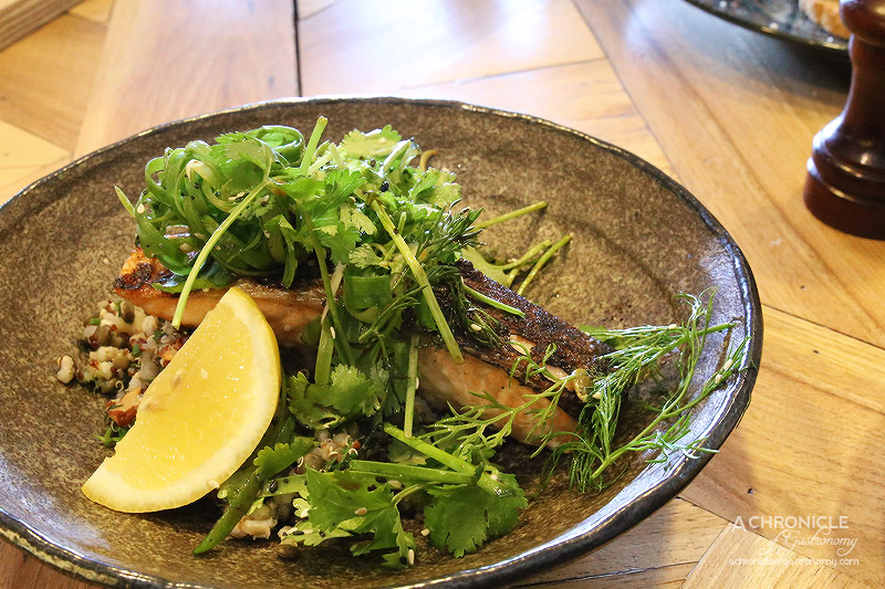 Long Story Short - Pan-fried Salmon, Quinoa, Buckwheat, Lentils, Barley, Dried Grapes, Smoked Almonds, Dill, Spring Onion, Chives, Celery, Coriander, Seeds ($22)