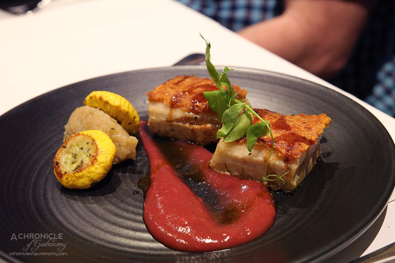 Vivace - Murray Valley 12 hour slow cooked, crisp pork belly, rhubarb, apple, onion & ginger relish, thyme roasted squash, white balsamic sauce ($39)