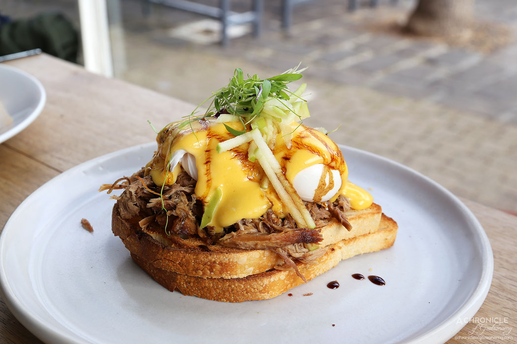 Tall Timber - Timber Benedict with slow cooked pork shoulder, poached eggs and apple cider hollandaise ($20.50)