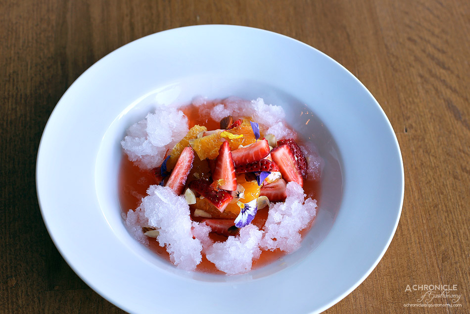 Northern Eatery - Aperol jelly, orange, strawberry and almond praline salad and gin and tonic granita