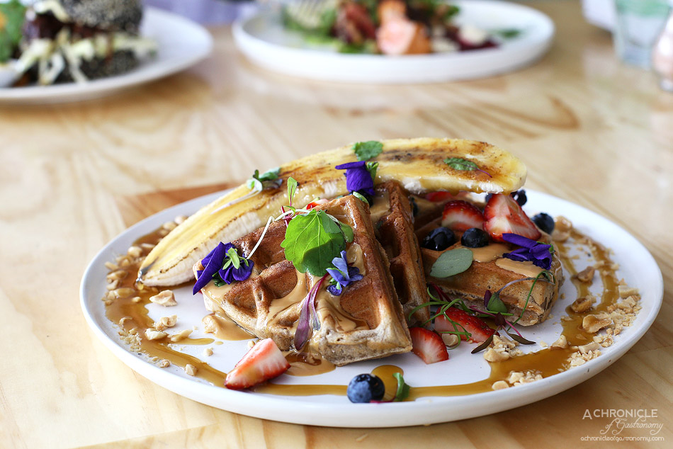 Junkyard - Peanut and banana waffles w salted caramel, peanut butter mousse, grilled banana and berries ($18.50)