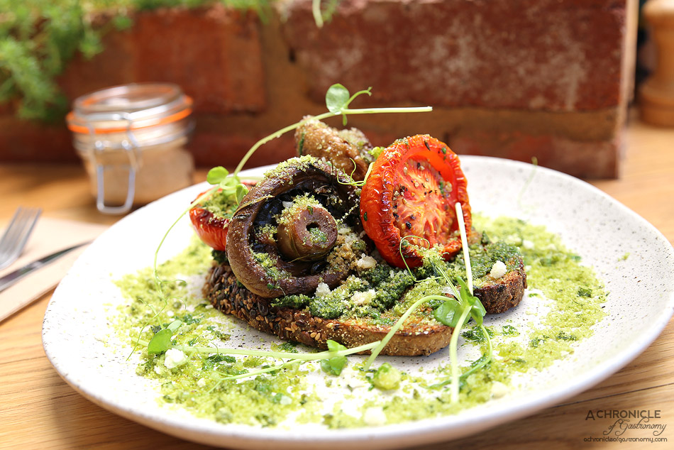 Short Straw - Poached mushrooms on super seed loaf - Semi-dried tomatoes, hazelnut and herb crumbs, parmesan and pesto ($17)