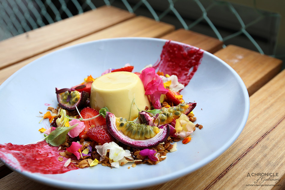 Tinker - Mango and saffron panna cotta w vanilla, almond and cranberry granola with strawberries, passionfruit, raspberry and coconut ($16.50)