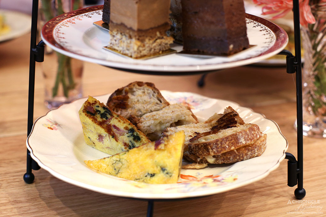 Ganache Chocolate - High Tea - Pulled pork and cheese toastie - Gouda, cheddar, pulled pork and Bechamel sauce on Sourdough from Tivoli Rd Ham and Spinach Quiche w broccoli and Parmesan
