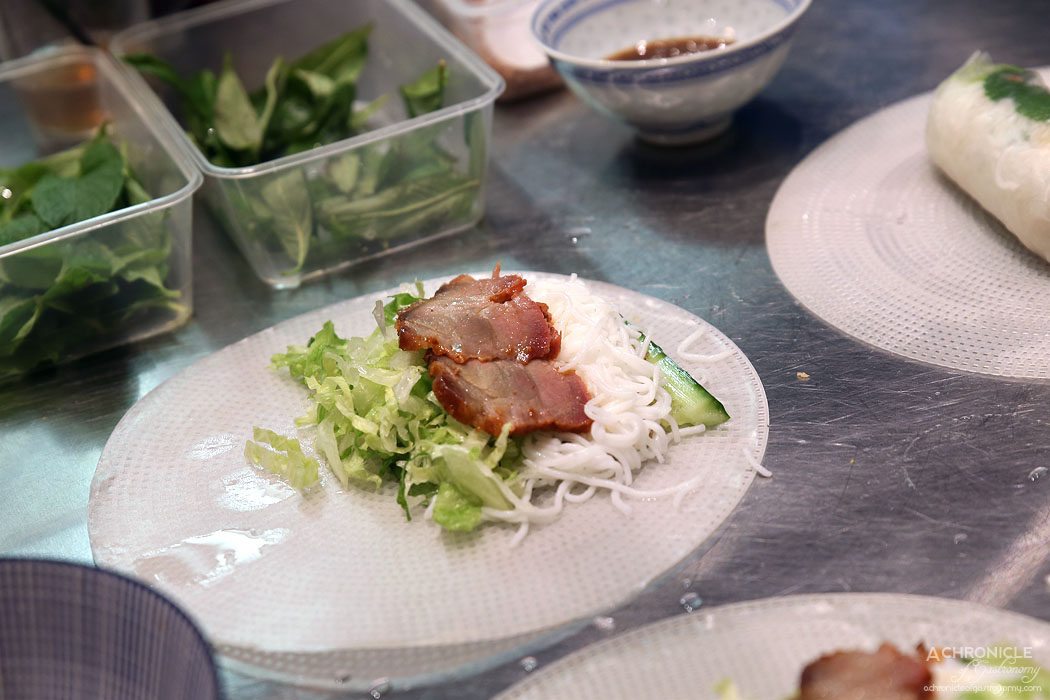 Hawker Boys - BBQ Pork Char Siu Rice Paper Rolls w vermicelli noodles, cucumber, lettuce, mint, rau ram, fried shallots, hoisin peanut sauce ($7)