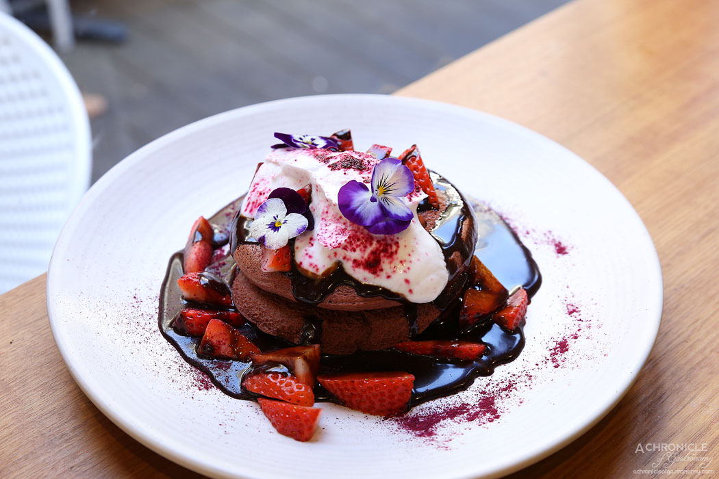 MOM Cafe - Red velvet pancakes w fresh strawberries, organic coconut yoghurt and chocolate medjool date syrup ($19)