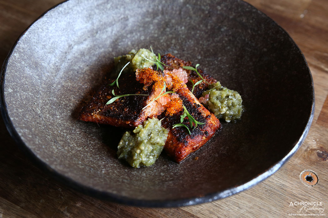 Pablo Honey - Grilled Rainbow Trout - green finger lime, roasted tomatillo verde ($17)