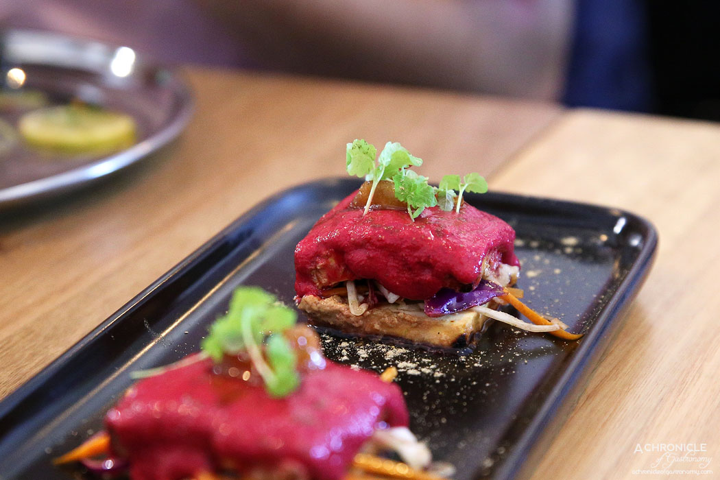 Piquancy - Beetroot Paneer - Beetroot marinated curd cheese & vegetables charred in our tandoori oven ($23)
