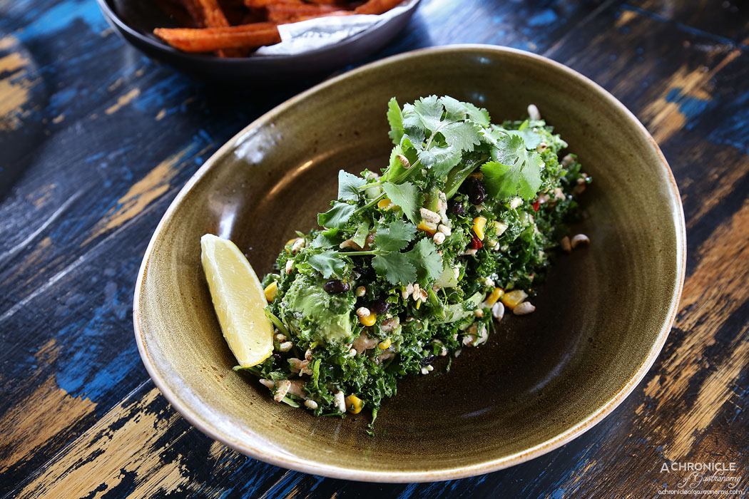 Boot Factory - Kale and Raw Broccolini Salad with chargrilled corn, black turtle beans, puffed wild rice, goji berries, fresh avocado, spicy grainy mustard dressing add hot smoked trout ($17 + 5)