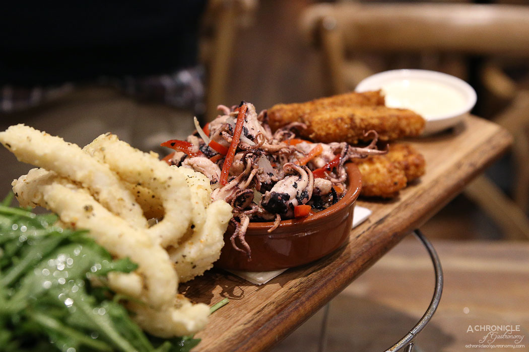 Rubicon - Tasting Platter for Two - Lightly fried calamari, chargrilled baby octopus, crispy haloumi cheese, rocket salad ($37.50)