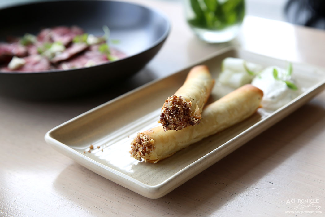 Mr Hobson - Lamb cigars - Slow-cooked lamb, pickled cucumber, lemon yoghurt, crumbed walnuts (2 for $10)
