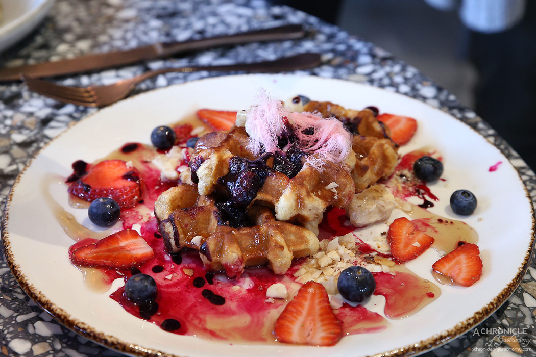 Middle South East - Waffles w blueberry marble mousse, almonds, macadamia praline and syrup ($17)