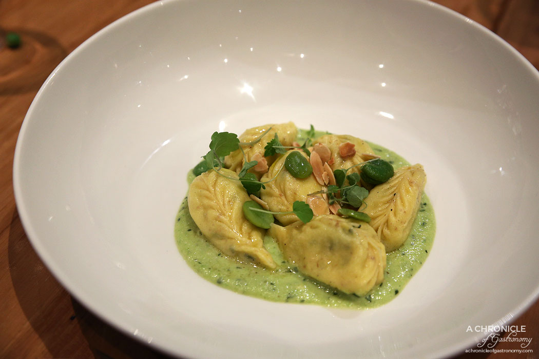 Lello - Potato and Mint Culurgiones - Traditional dumpling like ravioli from Sardinia served with broad bean pesto & crushed almonds ($29.80)