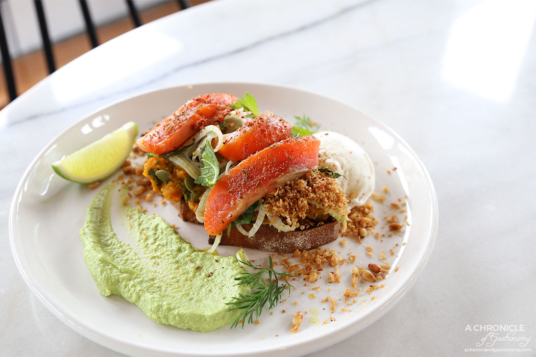 Heritage Wall - Cured Trout - Pumpkin and sweet potato mash, nuts, herbs, whipped avocado, mint, dill and fennel salad, grilled ciabatta, poached egg, pine nut crumb ($20.50)