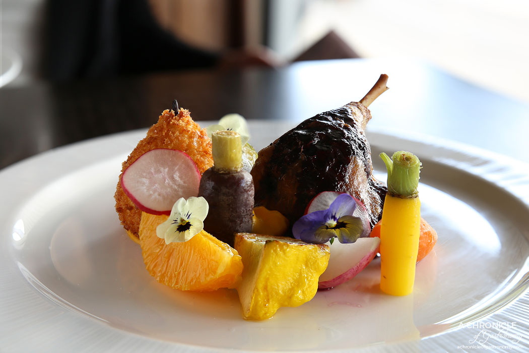 Lavender and Fare - Duck Leg - Slow-cooked duck leg with Pom William potato, roasted vegetable, and bok choy, orange segments, blueberry and honey sauce ($25)