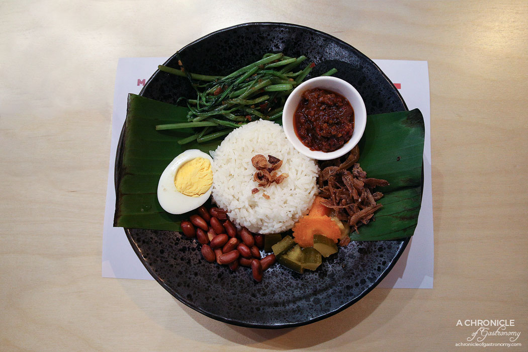 Merah - Nasi Lemak - Coconut rice, crispy anchovies, peanuts, achar, free range egg, traditional sambal ($15)