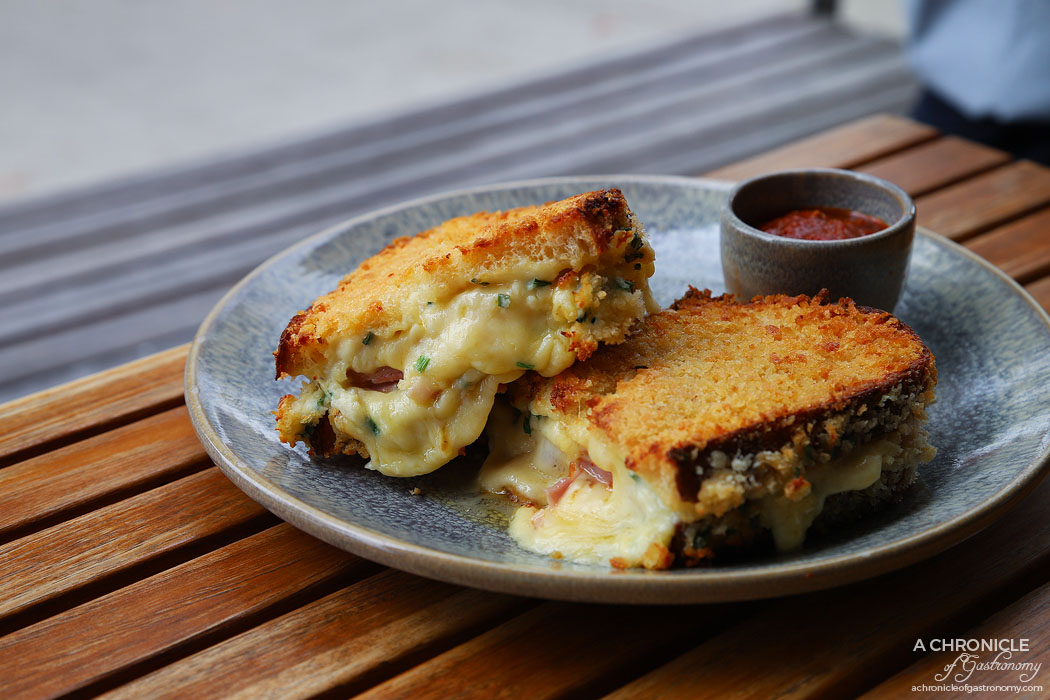 Lolo and Wren - Crispy Croque Monsieur - Shaved leg ham, Swiss cheese, cheese & chive cream, coated in crisp breadcrumbs and fried. Served w homemade tomato relish ($18)