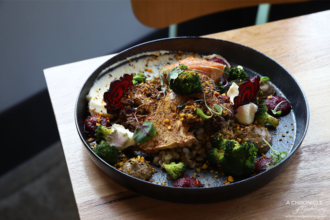 Code 21 - Grilled cauliflower steak and charred broccoli w pistachio dukkah, pearl barley, house-made babaganoush +house smoked salmon ($17+6.50)