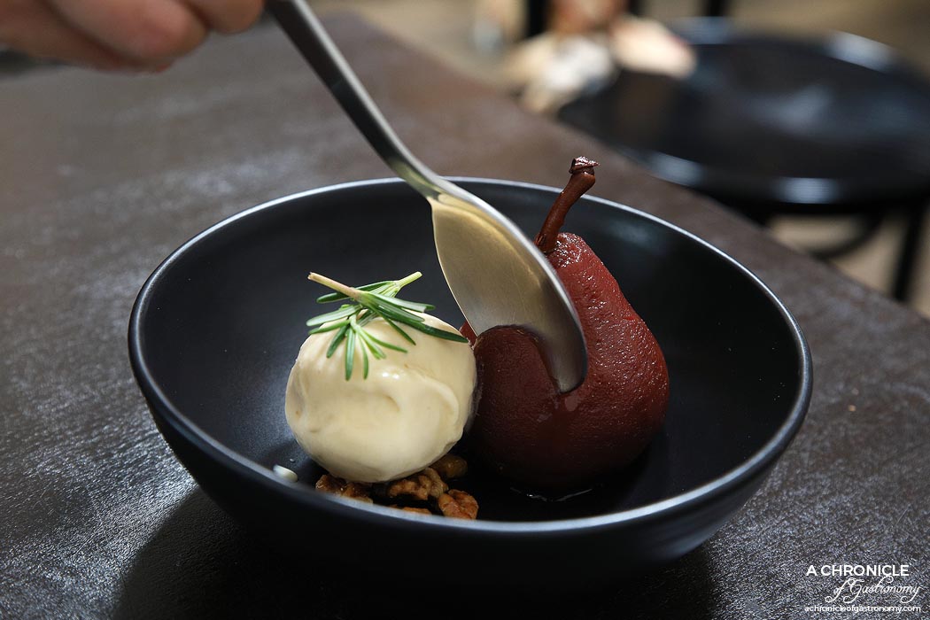 Spencer and Co - Red wine poached pear with honey and Roquefort ice cream ($16.50)