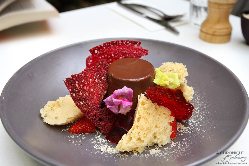 Clubhouse Malvern - Black Forrest Panna Cotta - Chocolate panna cotta, vanilla coral sponge, raspberry jelly, lace cookie, pomegranate molasses, biscuit crumb ($19)