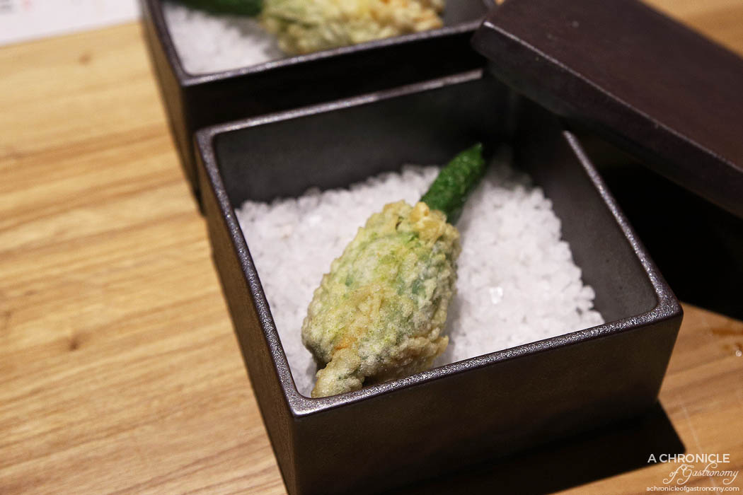 Miss Kasumi - Hotate Blossom - Zucchini flower, Scallop, Fish roe ($11 ea)