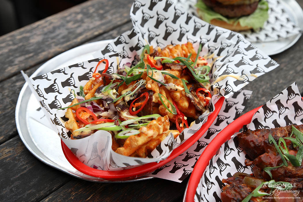 Beer and Burger Bar - Loaded Waffle Fries w beer cheese sauce, bacon, red onion, fresh chilli ($12.50)
