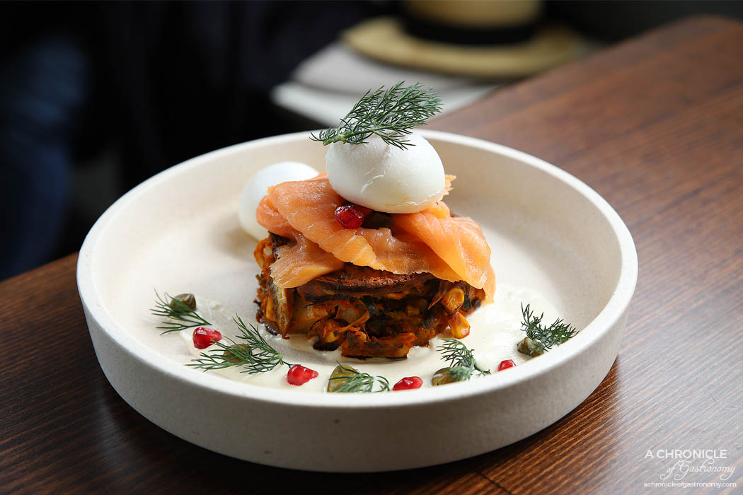 Cafe Louis - Smoked salmon with zucchini and corn fritters, horseradish cream, capers, poached egg, pomegranate seeds and dill + poached egg ($19+3)