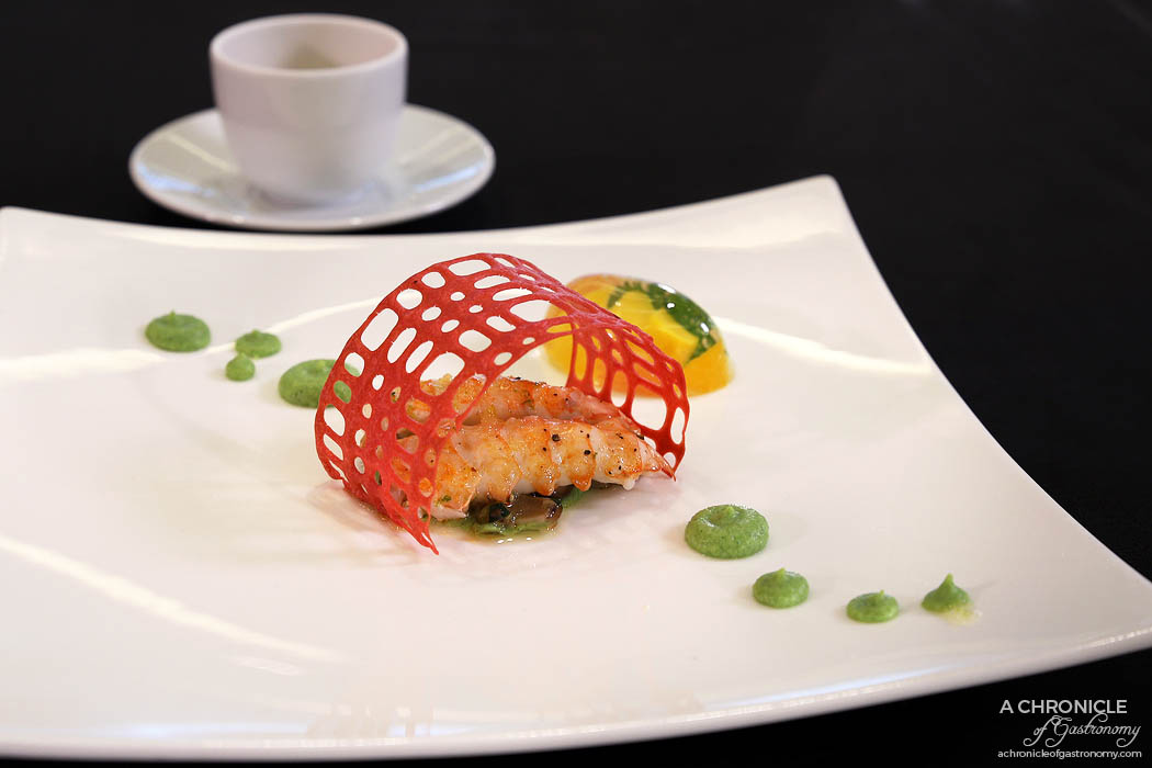Hyatt The Good Taste Series ASPAC Finals 2018 - "Memories with my father" Steamed langoustine with yuzu sauce, fruit jelly, beetroot tuille, roasted porcini, broccoli puree - Sebong Oh, Commis Chef, Steakhouse, Grand Hyatt Seoul