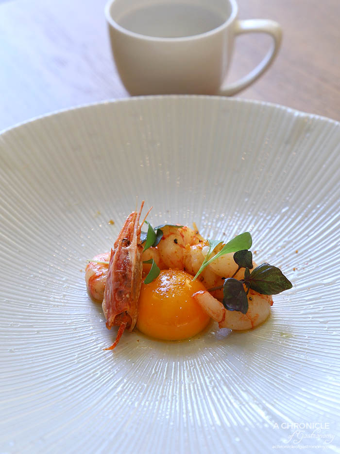 Lindenderry Red Hill - Torched Ama ebi prawns, vadouvan oil, Red Hill pullet egg, prawn head consomme