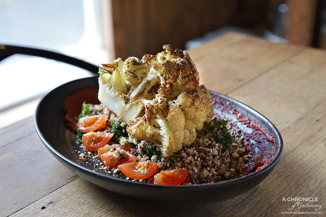 Ciel Cafe - Roasted Cauliflower - Beetroot hummus, kale, quinoa, cherry tomato topped with dukkah and lemon dressing ($18)