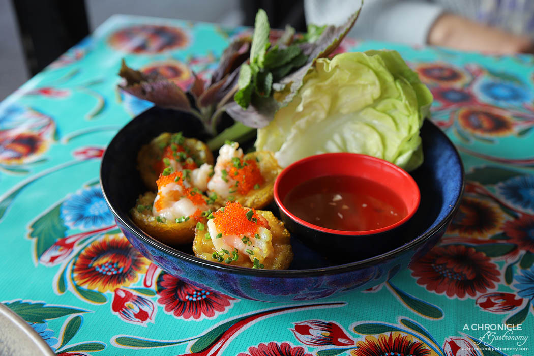 Good Nights - Banh Khot - Crispy coconut turmeric pancakes w prawns and tobiko, served with lettuce, herbsa nd nuoc cham ($14)