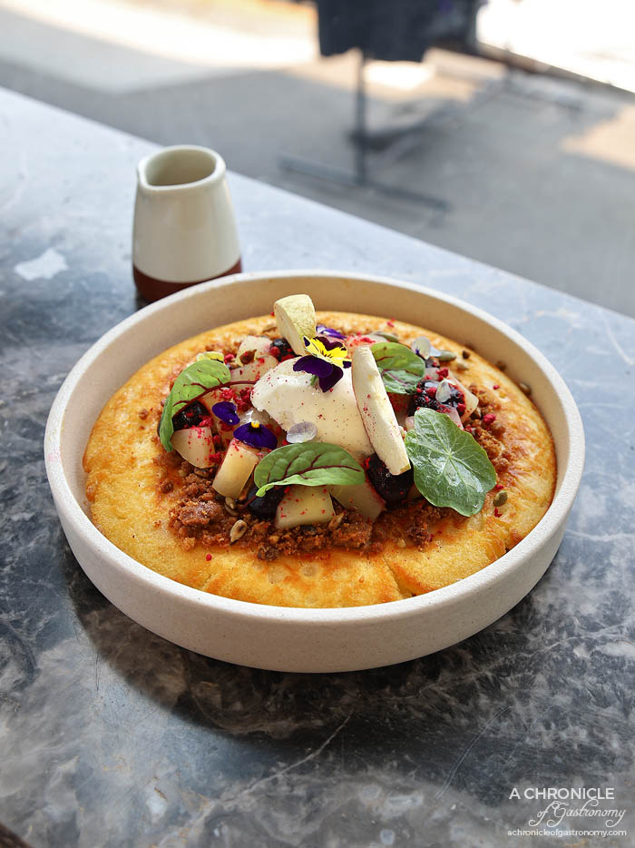 Otto Melbourne - Hotcake - Slow cooked apple, blueberry gel, hob nob, butter scotch sauce, caramelised grains and mascarpone ($17.90)