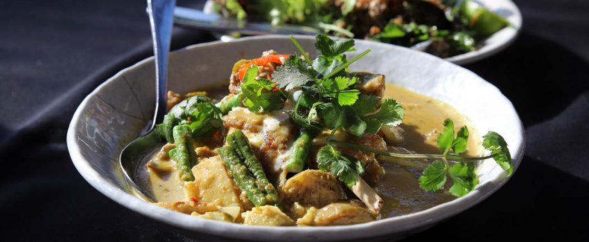 Bang Pop Saltgrass lamb ribe jungle curry - Northern Thai curry w green peppercorns, krachai, kaffir lime, snake beans, Thai eggplant, young bamboo