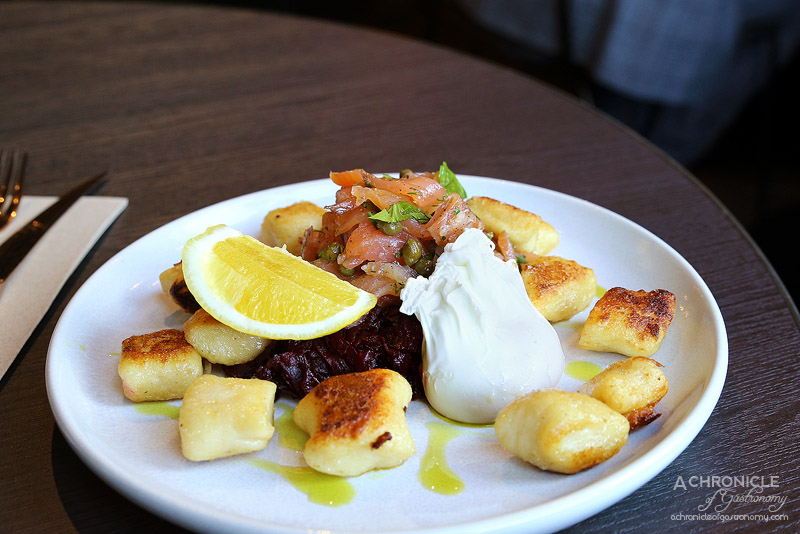 Sth Central - Breakfast Gnocchi - smoked salmon tartare, beetroot, poached egg, lemon ($21)