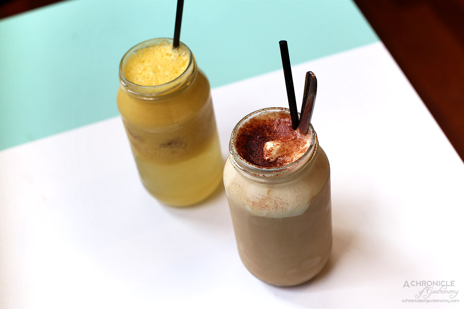 Saint James - Iced coffee ($6), A Touch of Passion - pineapple, orange, passionfruit, apple ($7.50)