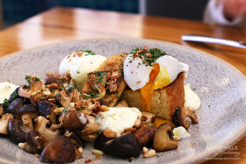 Two Birds One Stone - Sauteed mushrooms on brioche with whipped goats cheese cream, roasted pine nuts and two poached eggs ($20)