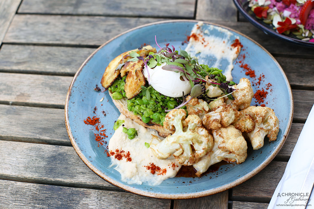 My Other Brother - Berbere Smashed Peas w butter bean puree, black quinoa, halloumi, poached egg, Ethiopian berbere spice, sourdough add fried cauliflower ($19+6)