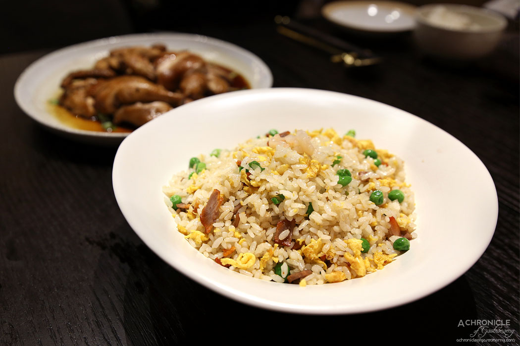 Gold Moon - Fried rice w fresh prawn and char siu ($22) Slow-cooked free range chicken w soy sauce (half chicken $25)