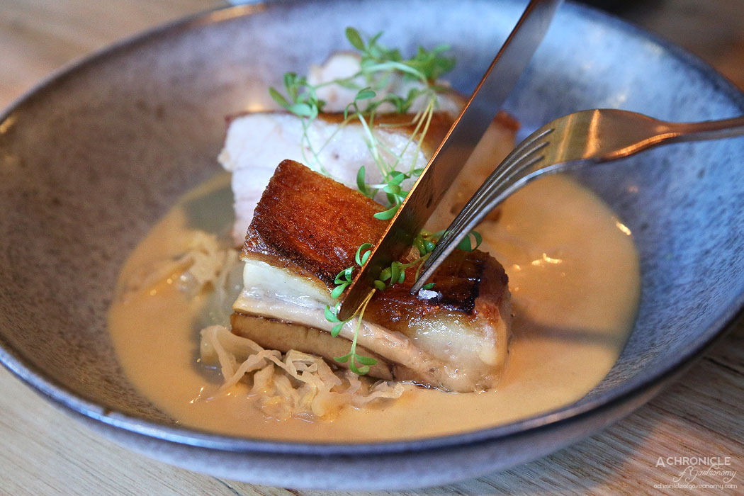 Mr & Mrs P - Pork Belly w fermented cabbage, mustard anglaise ($22)