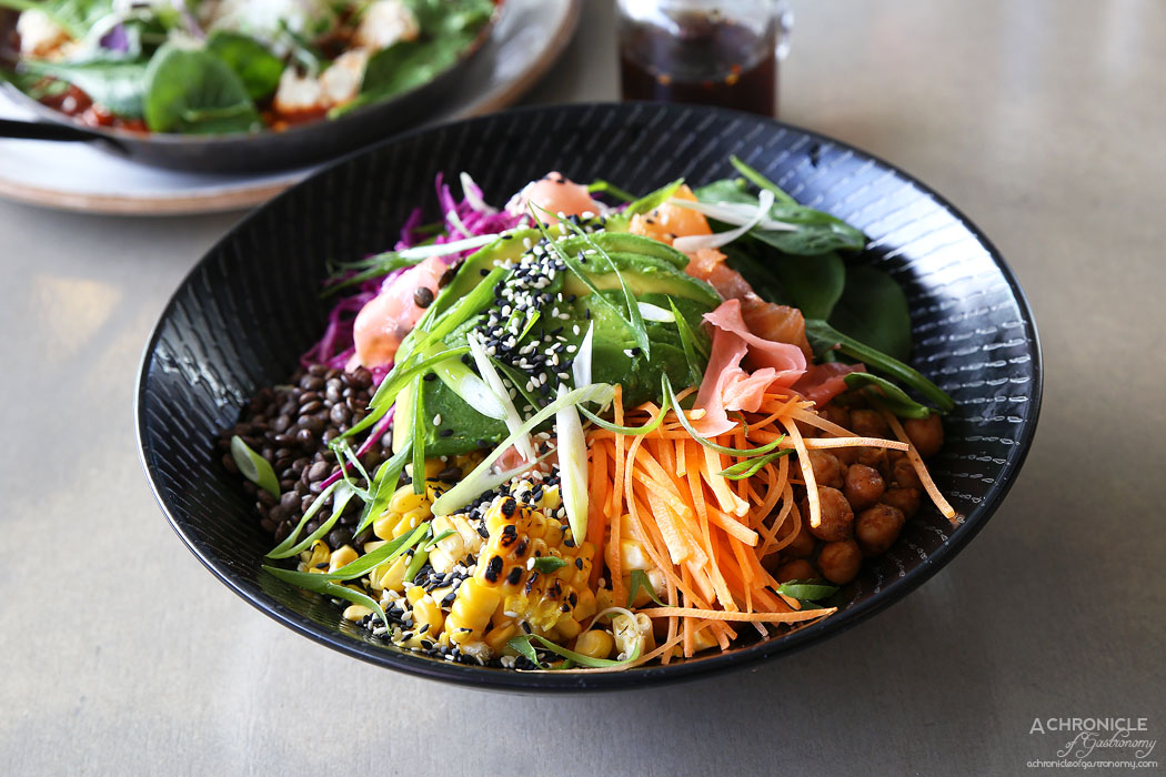 Neon Tiger - Buddha Bowl w sesame and spring onion seasoned brown rice, avocado, carrot, pickled cabbage and ginger, lentils, cumin chickpeas, charred corn, spinach, and chilli and honey soy dressing + smoked salmon ($18.50+4.30)