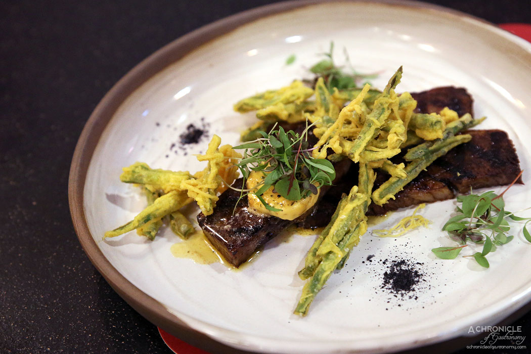 Uncle - Grilled Sher wagyu brisket w turmeric green bean fritters and cafe de Paris butter ($35)