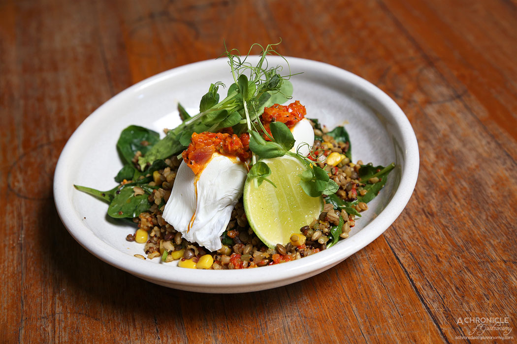 El Mirage - Grain Salad w spinach, corn, coriander, avocado, pickled shallots, poached egg, lime, South American inspired dressing ($18)