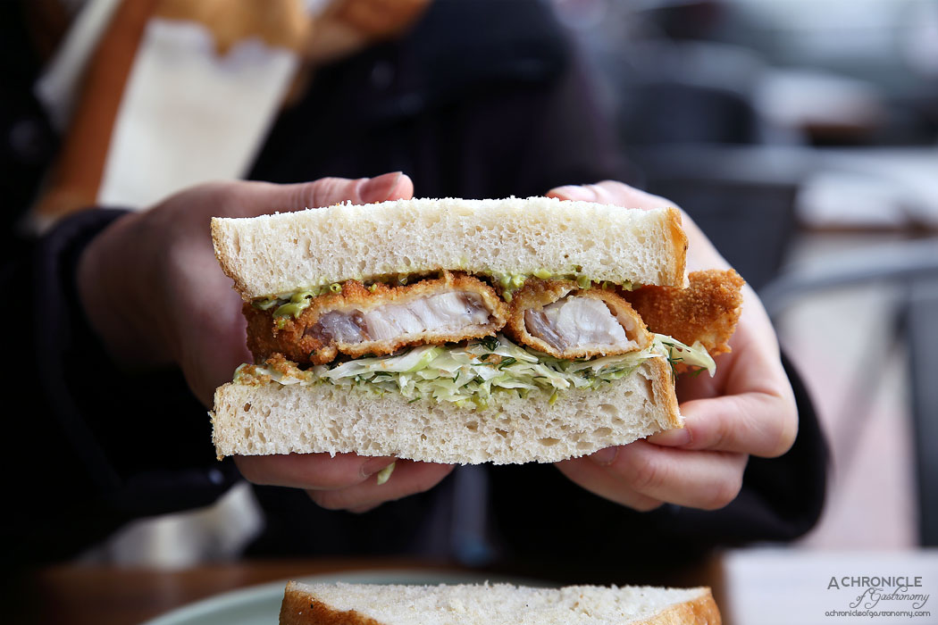 Saint James - Fish finger butty, market fish, crushed pea aioli, dill & cabbage salad on fresh white bread ($16)