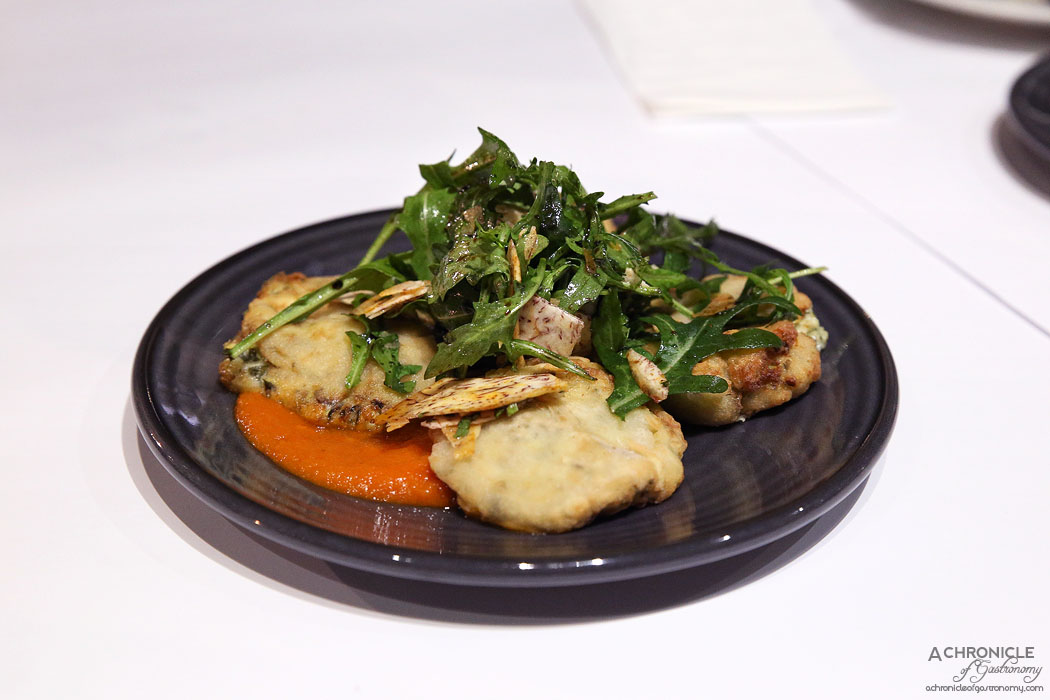 ENA Greek Street Food - Zucchini fritters with napoli sauce and rocket